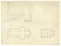 39906 Plattegrond van de St. Pieterskerk op het Pieterskerkhof te Utrecht en van de crypte onder het koor en een ...